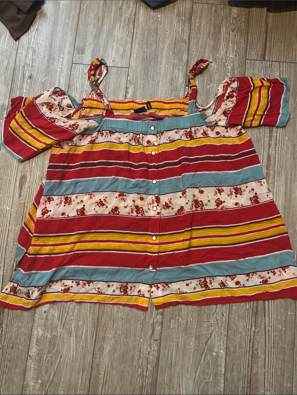 Cruel Girl Striped Off-Shoulder Button-Down Top in Red, Blue and Yellow